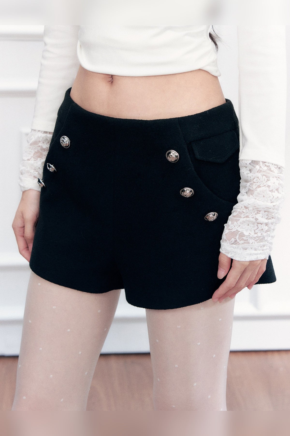 Black Woolen Double-Breasted A-Line Shorts