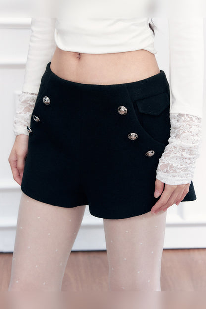 Black Woolen Double-Breasted A-Line Shorts