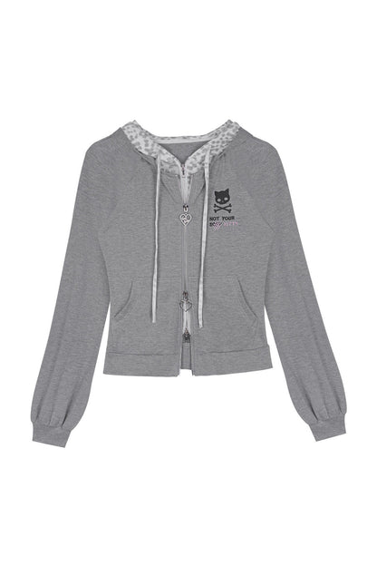 Gray Leopard Print Double-Layer Hooded Sweatshirt Jacket