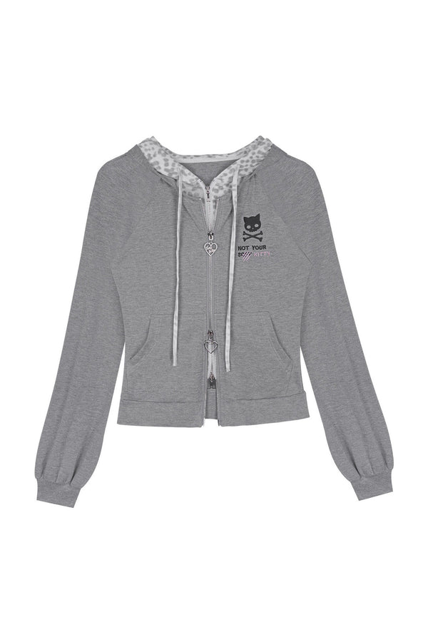 Gray Leopard Print Double-Layer Hooded Sweatshirt Jacket