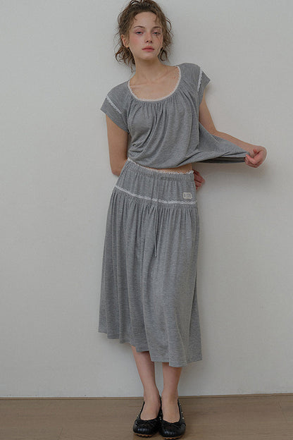 Gray Drawstring Lace Trim Midi Skirt