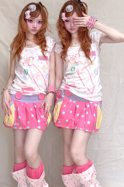 Peach Pink Polka Dot Large Button Low-Waist Skirt