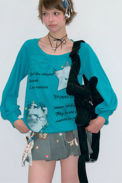 Tee-shirt rose à imprimé chat et manches lanterne