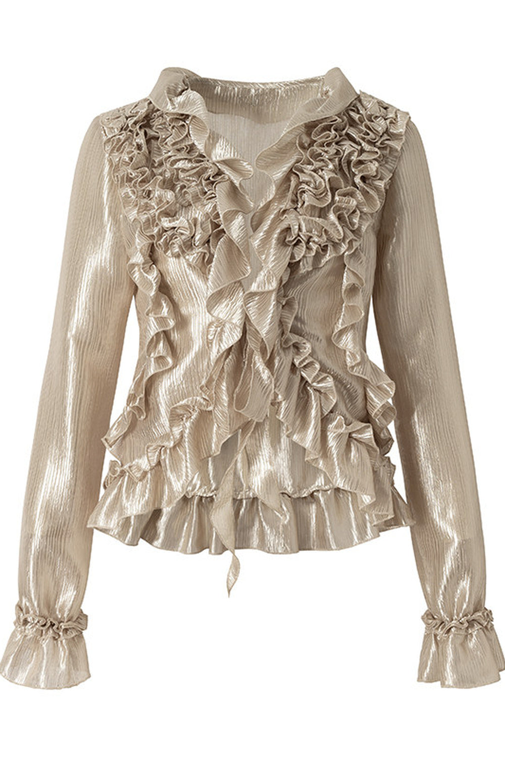 Ruffle Trim Tie Waist Long-Sleeved Blouse