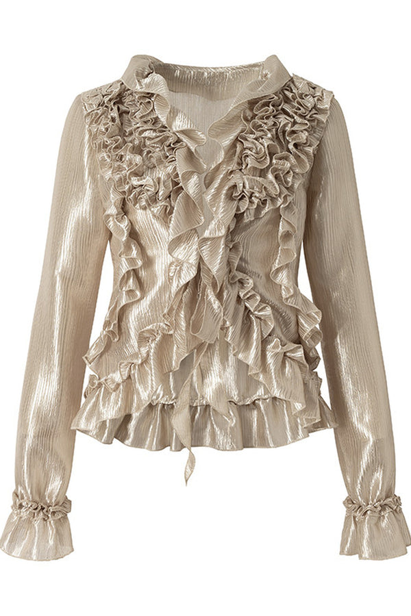 Ruffle Trim Tie Waist Long-Sleeved Blouse