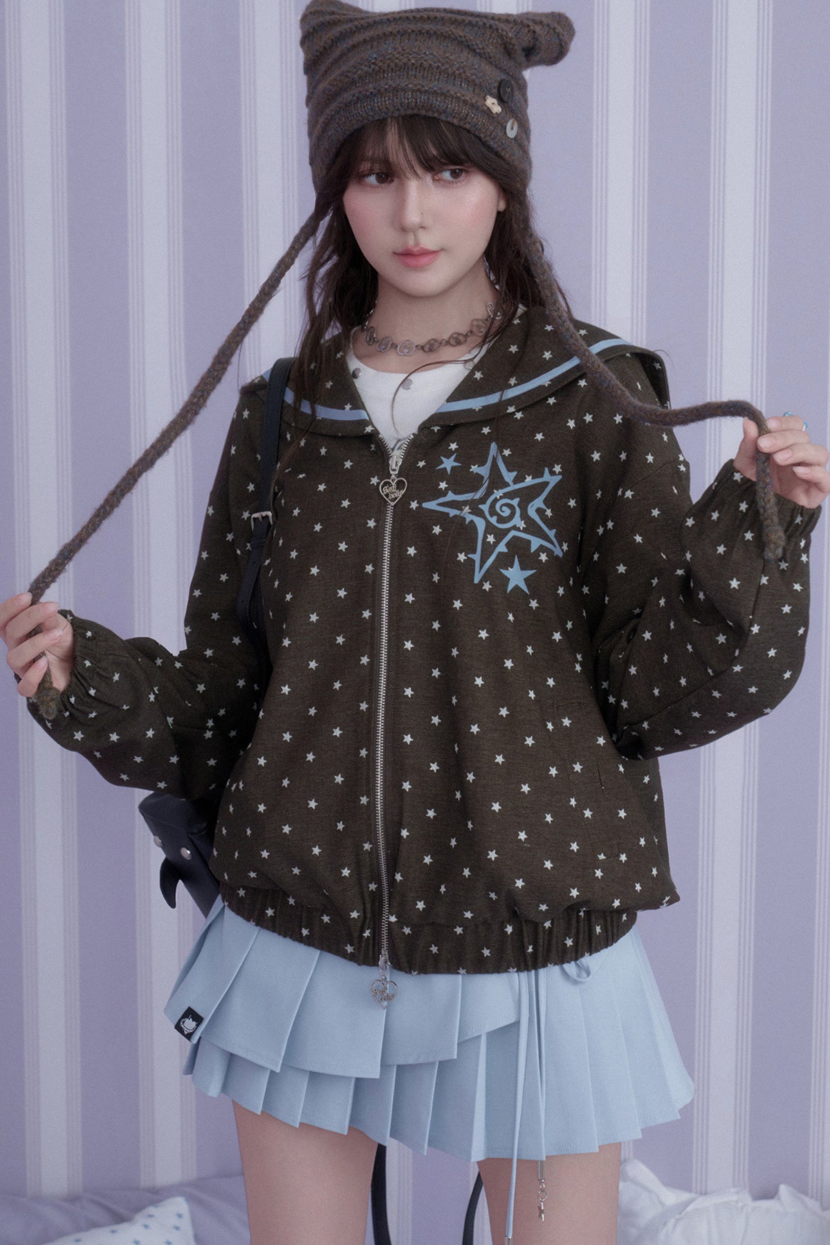 Brown Blue Swirl Star Navy Collar Jacket Set-Up