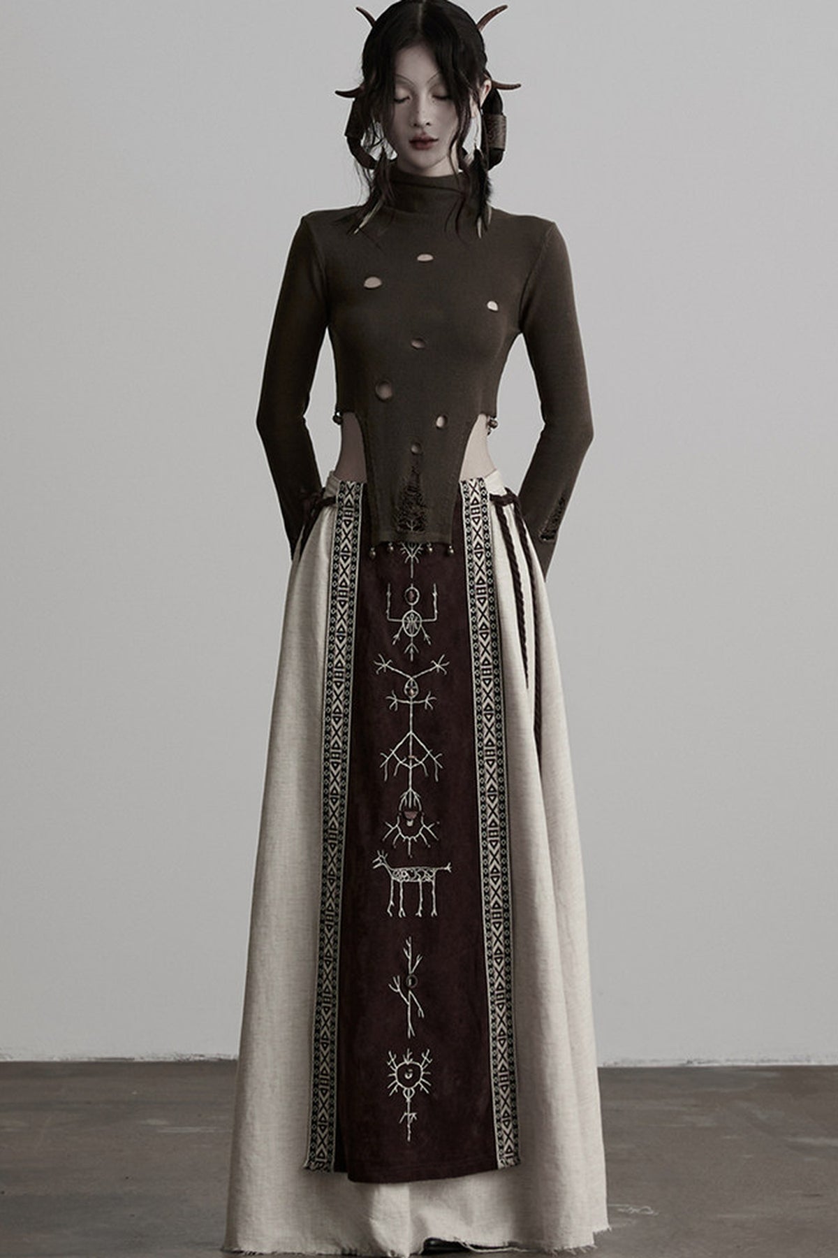 Embroidered Suede Panel Skirt