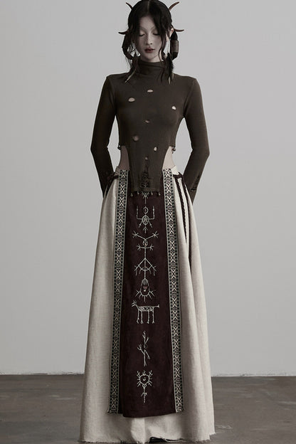 Embroidered Suede Panel Skirt