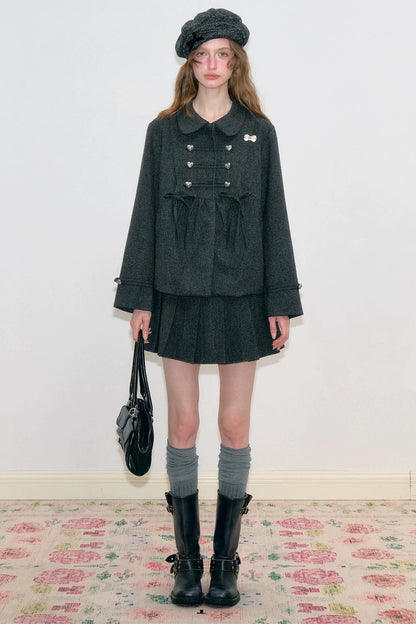 High-Waisted Double-Breasted Pleated Skirt