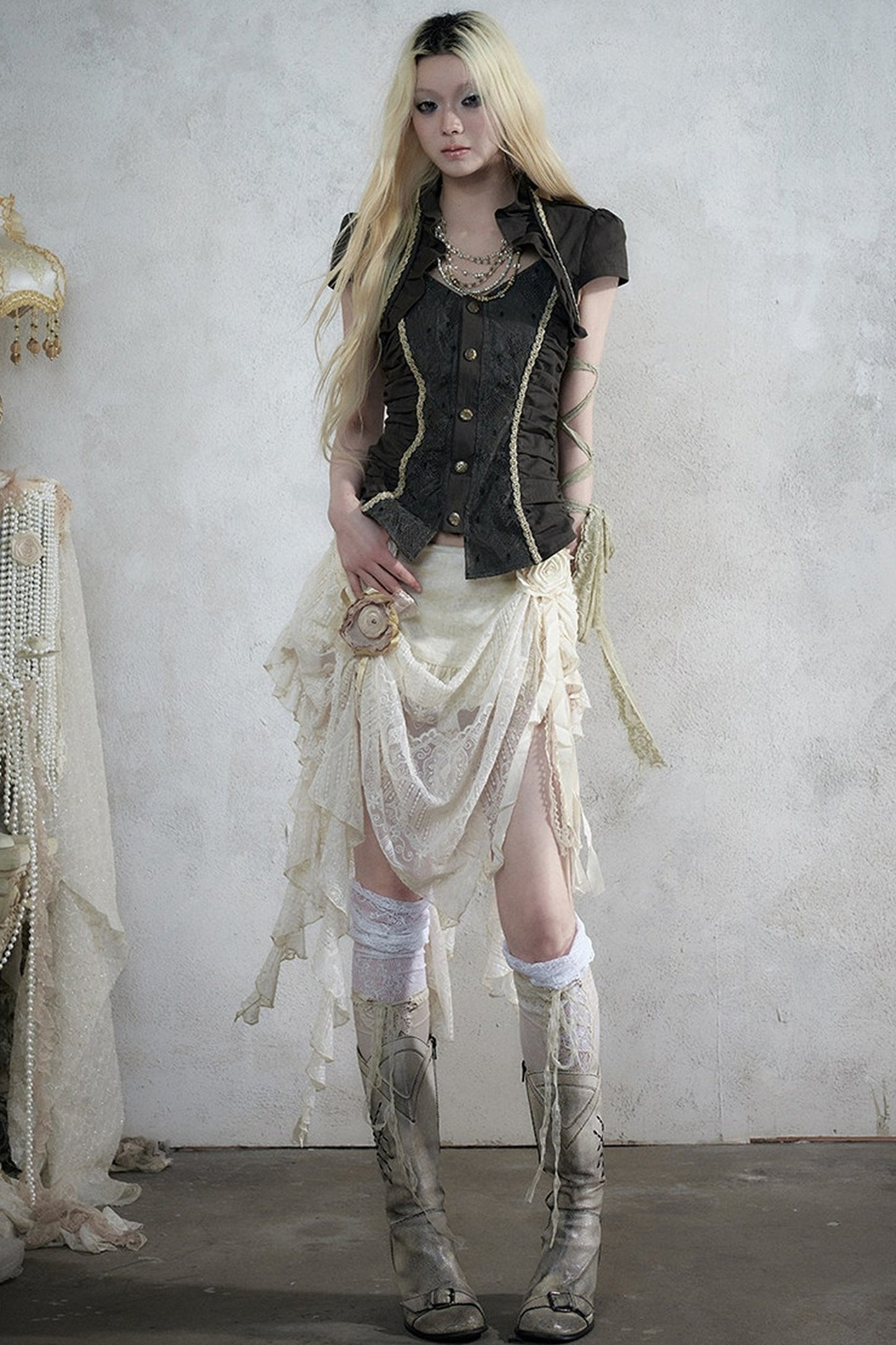Lace Patchwork Ruched Layered-Look Shirt