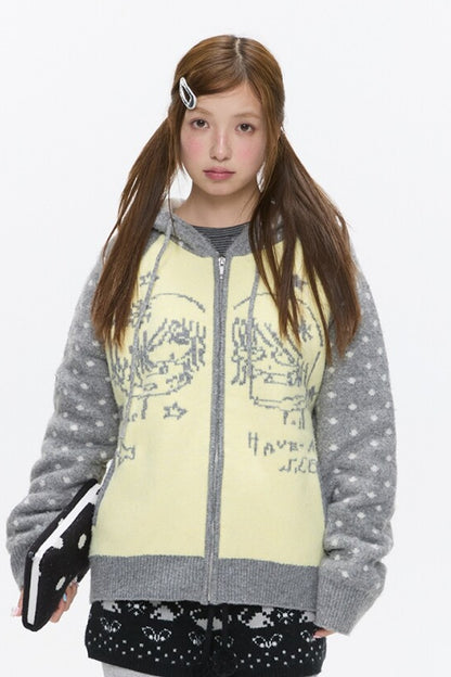 Polka Dot Raglan Zip Sweater