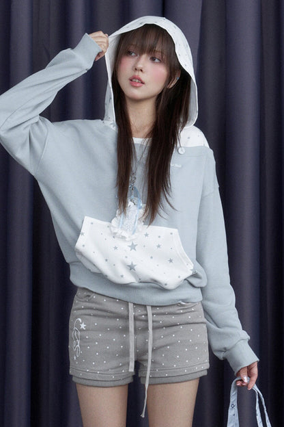 Blue White Star Layered-Look Hooded Sweatshirt