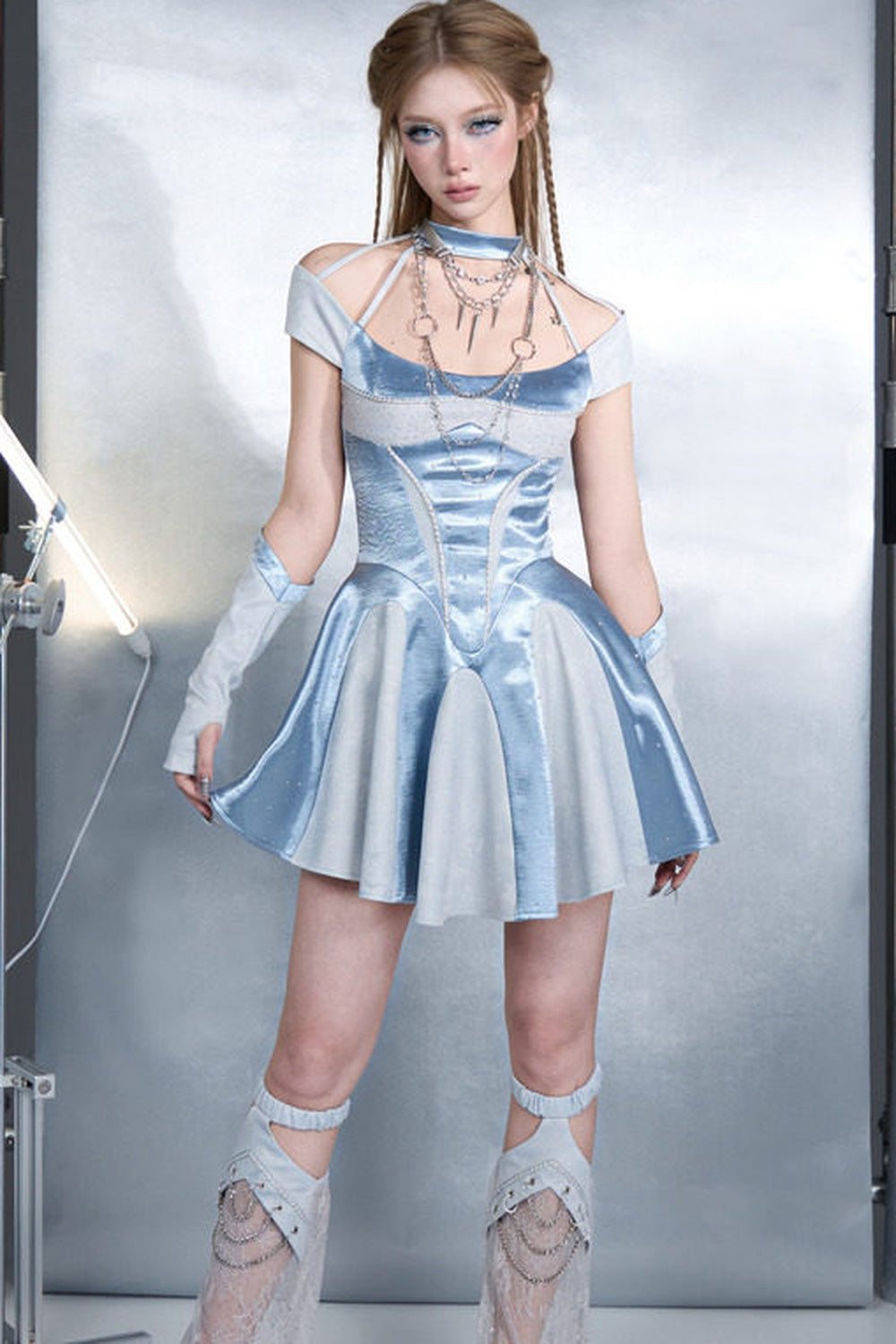 Y2K Blue Satin Halter A-Line Dress Set-Up