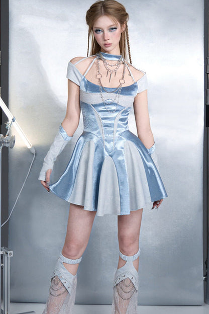 Y2K Blue Satin Halter A-Line Dress Set-Up