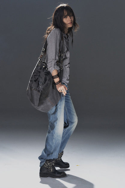 Silver Broken Print V-Neck Long-Sleeved T-Shirt