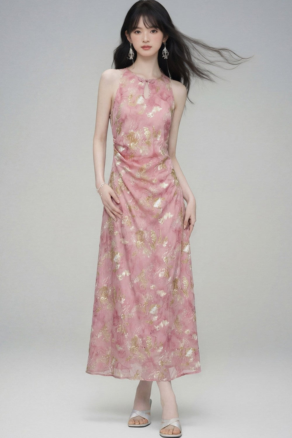 New Chinese Gold Jacquard Dress