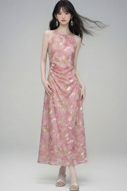 New Chinese Gold Jacquard Dress
