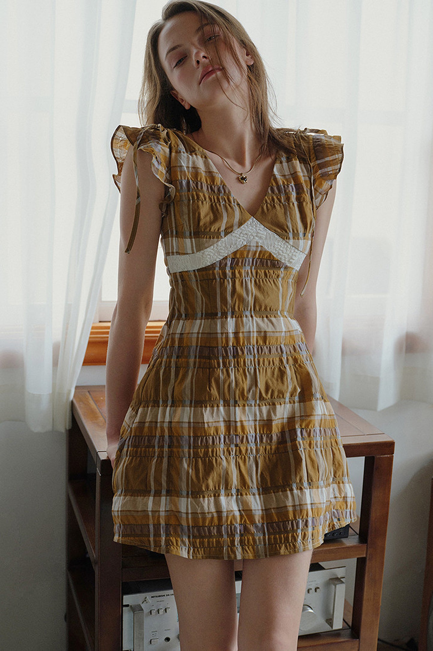 Brown Yellow Plaid Lace Trim Short Sleeve Dress