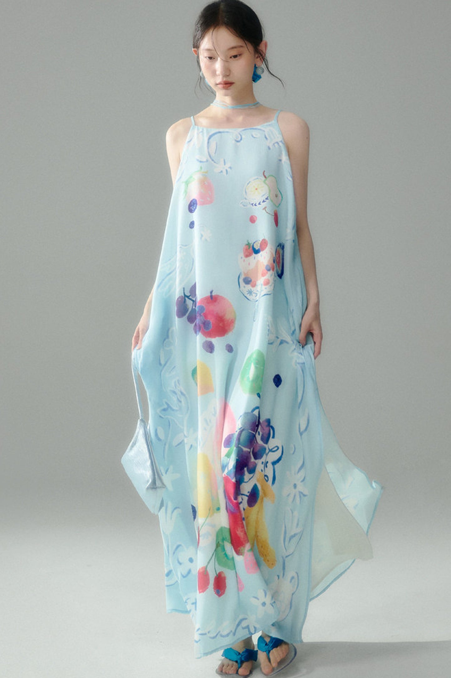 Hand-Painted Fruit Print Slip Dress