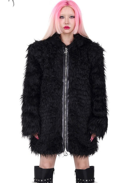 3D Cat Ears Hooded Faux Fur Jacket