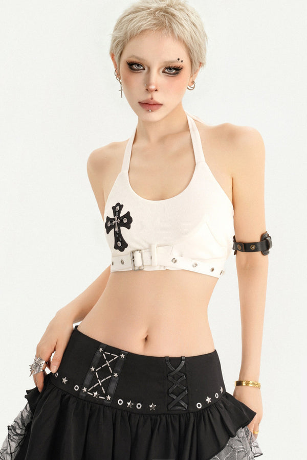White Cross Print Studded Halter Top