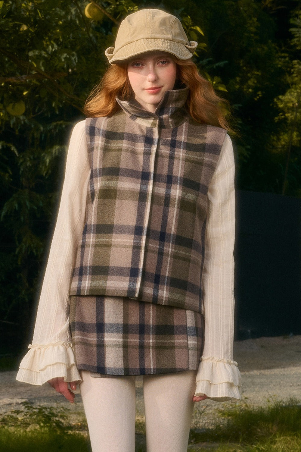 Detachable Plaid Cape Vest And A-Line Skirt Set-Up