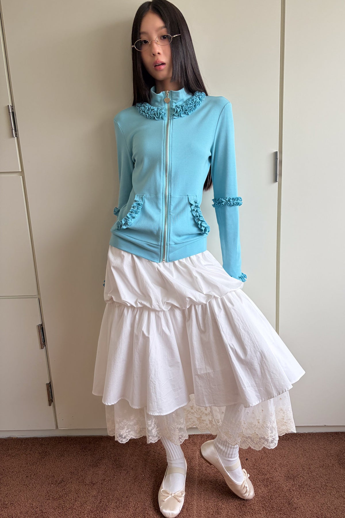 White Lace Trim Puffy Mid-Length Skirt