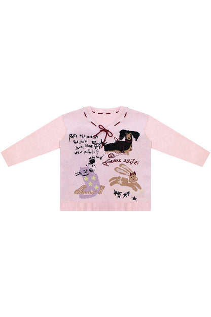 Pink Cartoon Print V-Neck Sweater
