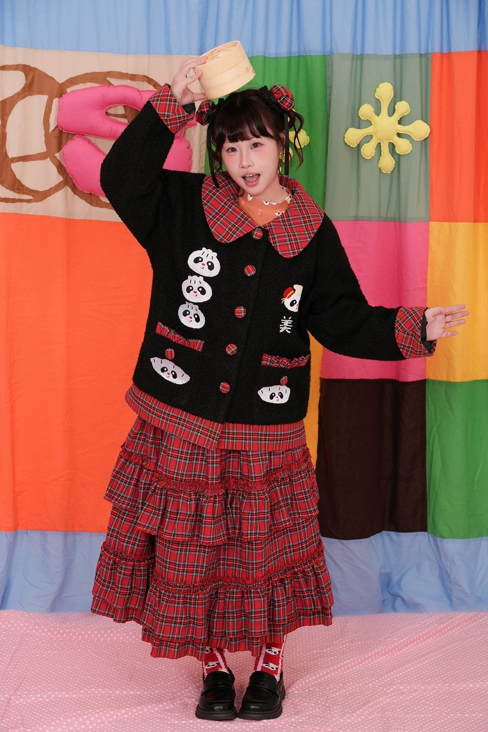 Panda Breakfast House Red Plaid Lace Skirt