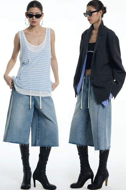 Embroidered Denim Mid-Length Pants