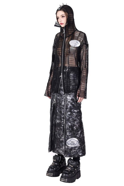 Rivet Hooded Mesh Patch Embroidery Jacket