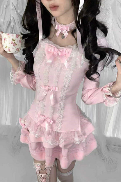 Multi-Layered Lace Bow Long Sleeve T-Shirt