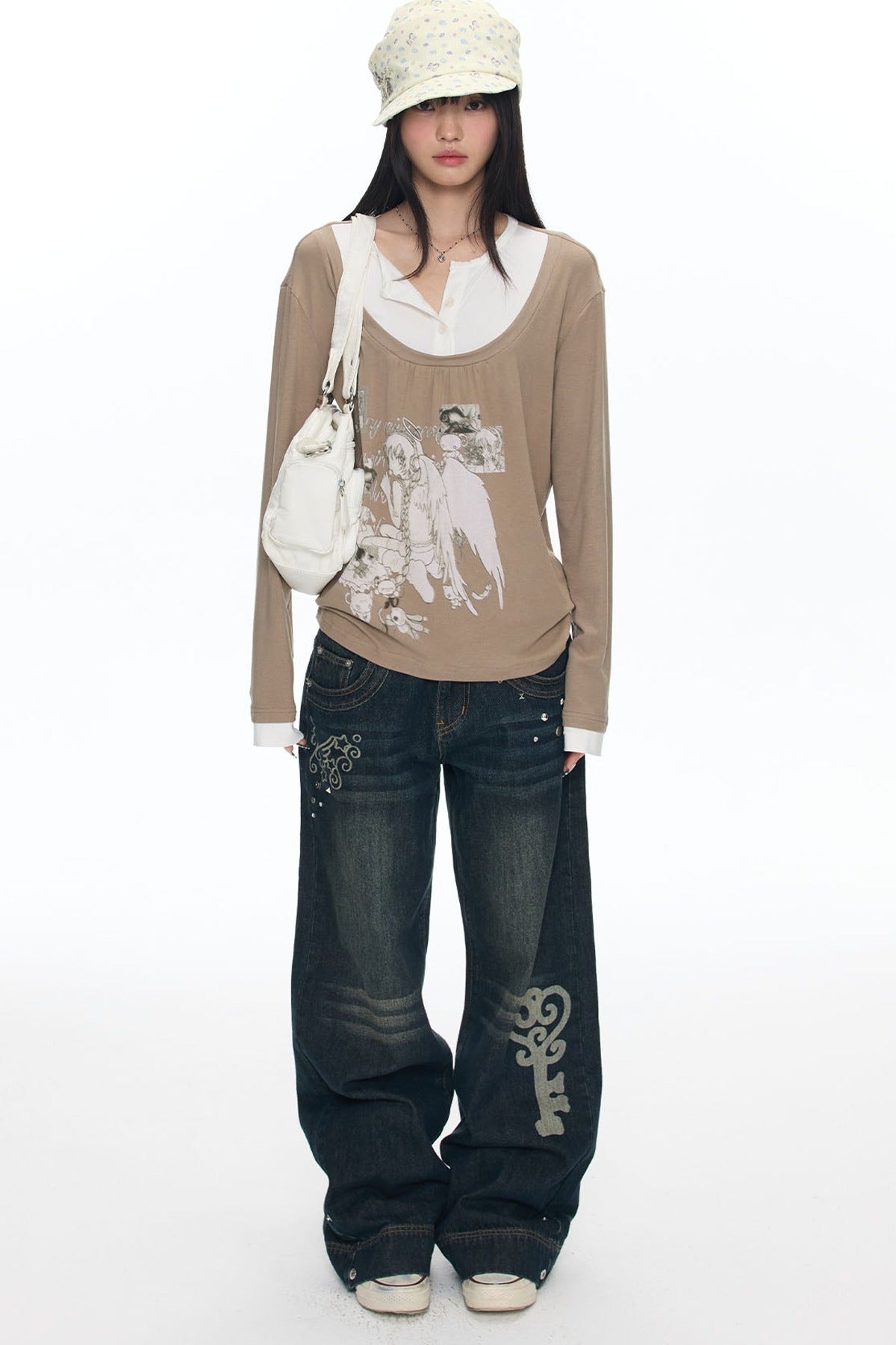 Brown Layered-Look Long Sleeve T-Shirt