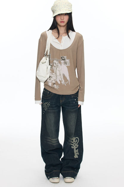 Brown Layered-Look Long Sleeve T-Shirt