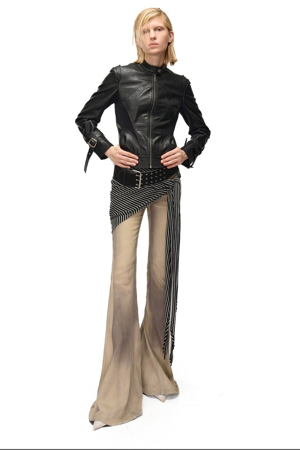Slim-Fitting Functional Spliced PU Leather Jacket