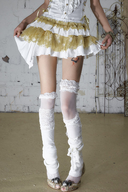 White Gold Tiered Ruffle Raw Edge Skirt