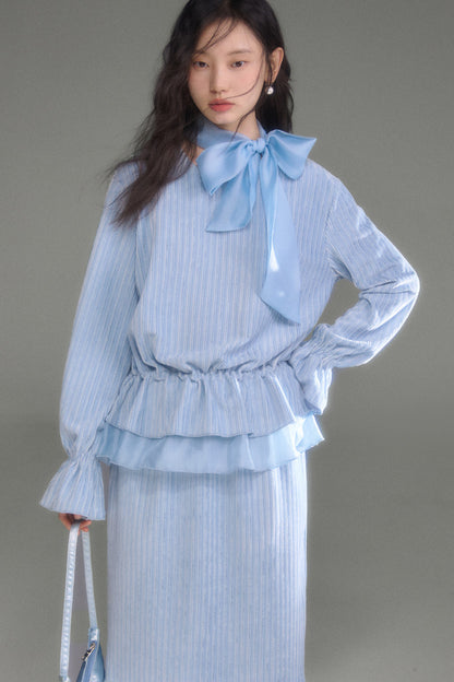 Moonlight Waterfall Long-Sleeve Ribbon Top and Skirt Set-Up