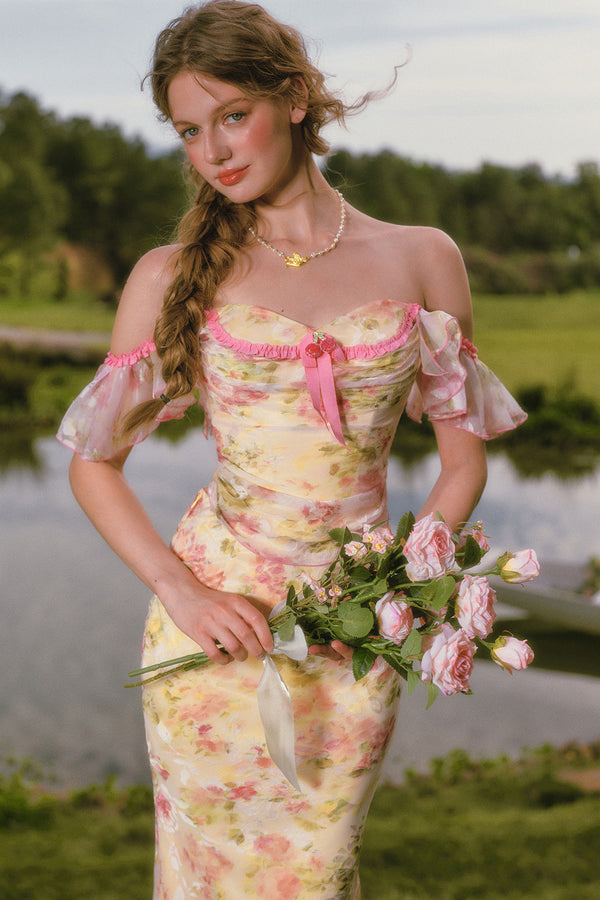 Floral Off-Shoulder Fishbone Corset Top and Skirt Set-Up