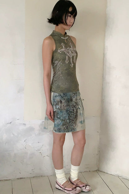 Midi-Rock aus Spitze mit Blumen- und Leopardenmuster