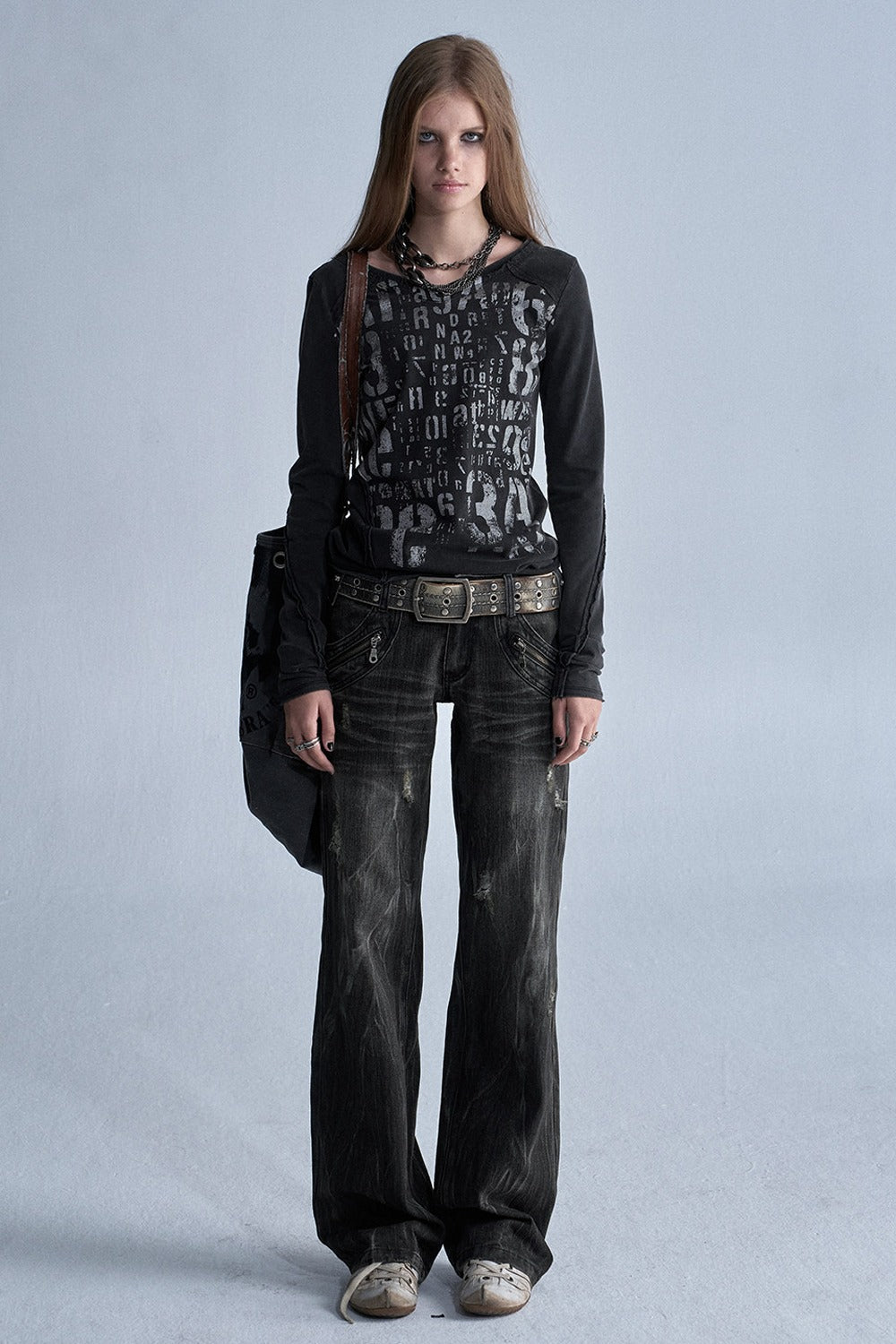 Asymmetrical Frayed All-Over Print Long-Sleeve T-Shirt