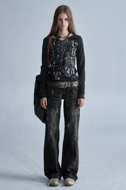 Asymmetrical Frayed All-Over Print Long-Sleeve T-Shirt