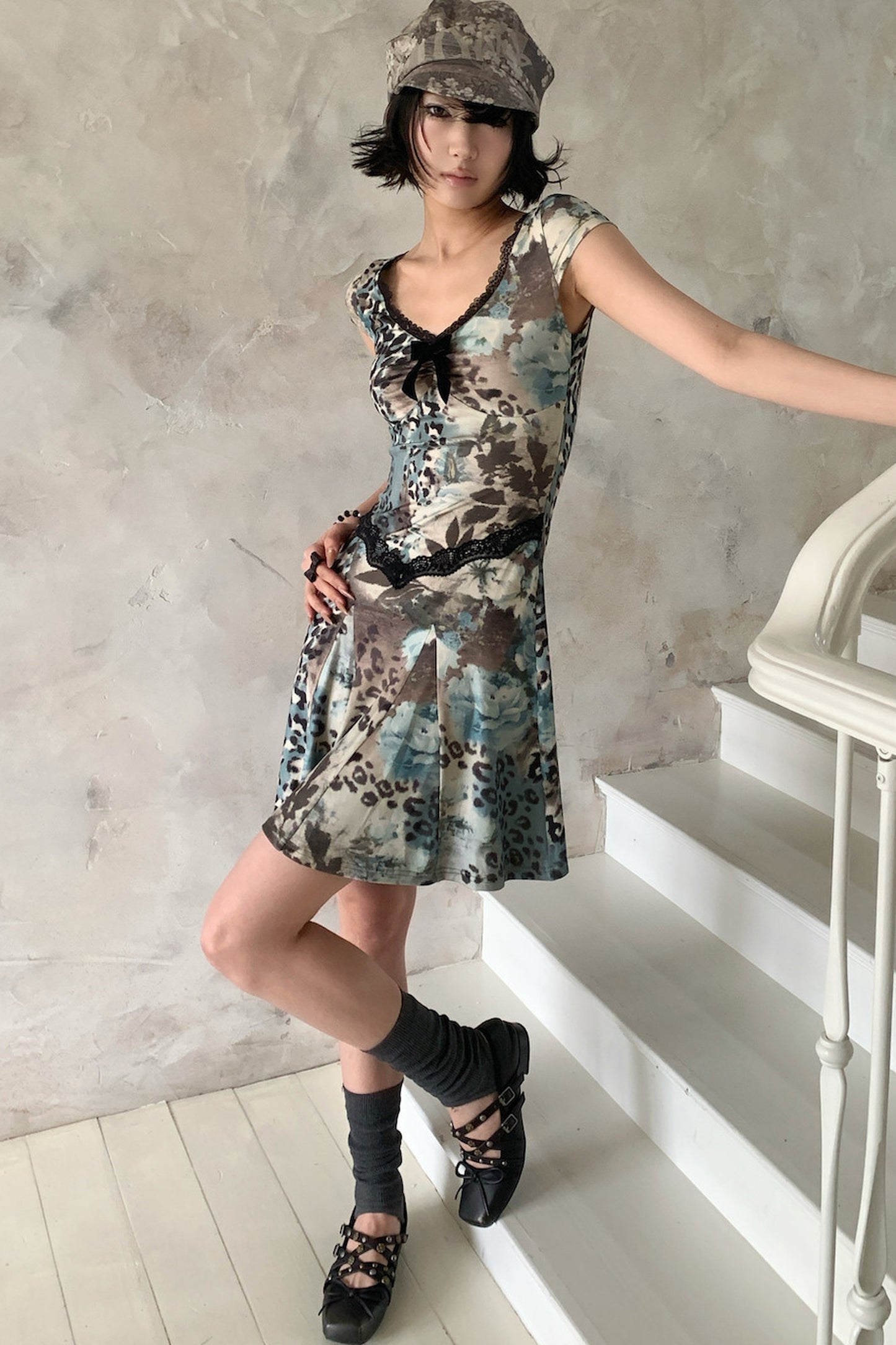 Sea Blue Leopard Floral Lace Dress