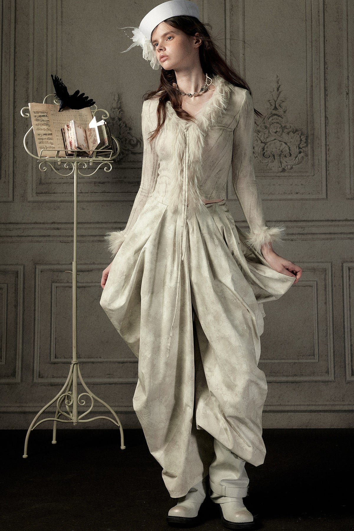 Beige Asymmetrical Stacked Long Pants