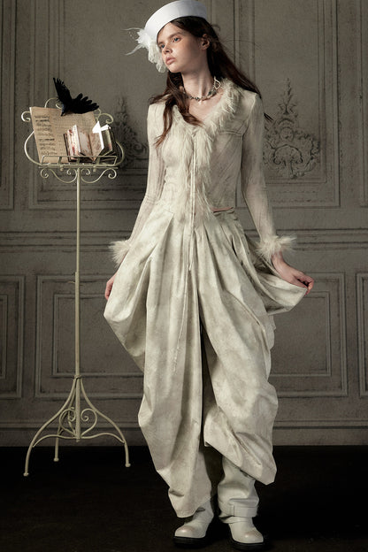 Beige Asymmetrical Stacked Long Pants