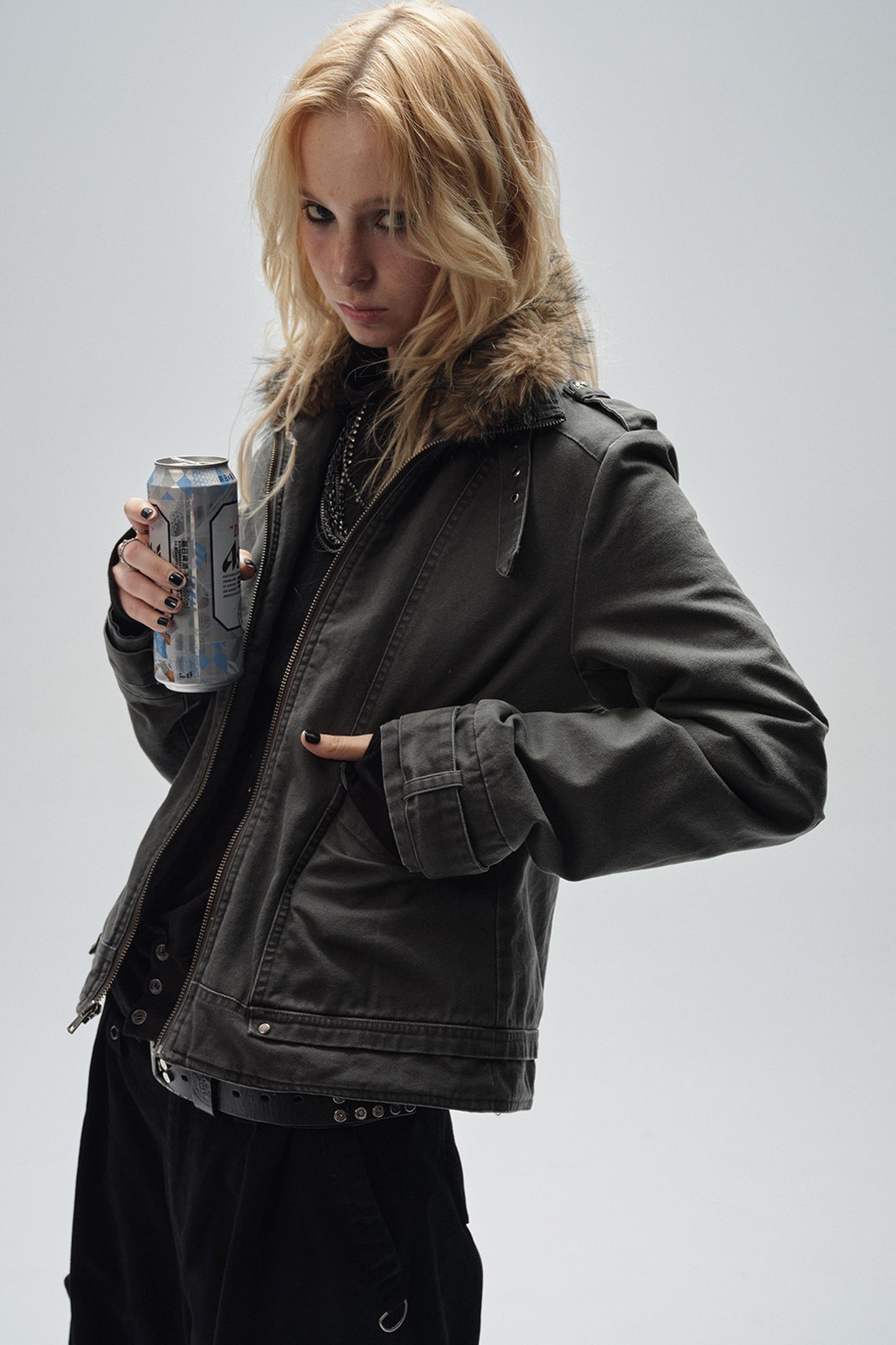 Detachable Fur Collar Punk Jacket