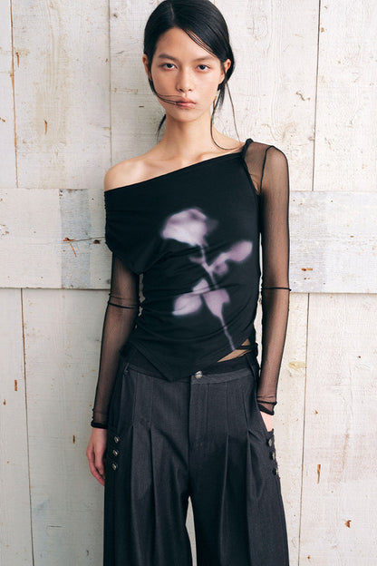 Asymmetric Off-Shoulder Rose Print Mesh Top