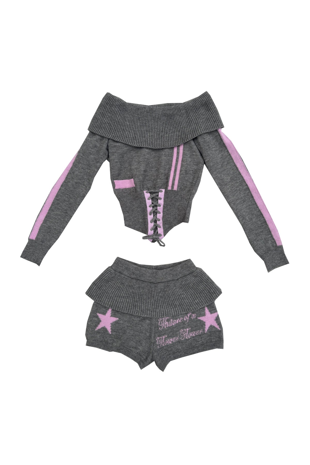 Knitted Floral Gray Star Sweater With Pants Set