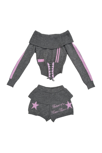 Knitted Floral Gray Star Sweater With Pants Set