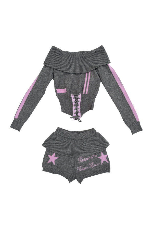 Knitted Floral Gray Star Sweater With Pants Set