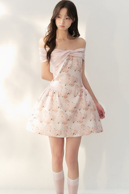Pink Satin Rose Print Dress